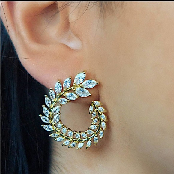 Gold Cubic Zirconia Wreath Leaf Earrings Wedding Bridal Gift - Picture 2 of 3